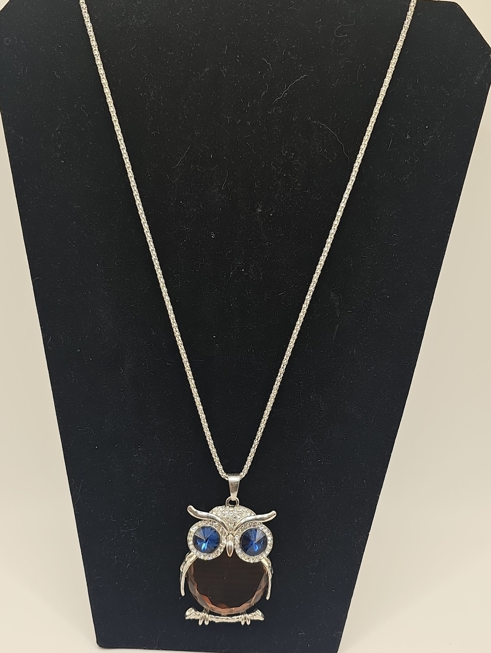 Silver Owl Pendant Necklace with Blue Crystal Eyes. So Cute